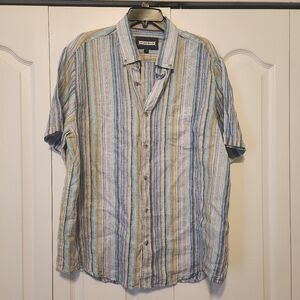 32 Bar Blues Men's Short Sleeve Striped Linen Button Down Shirt Size XL